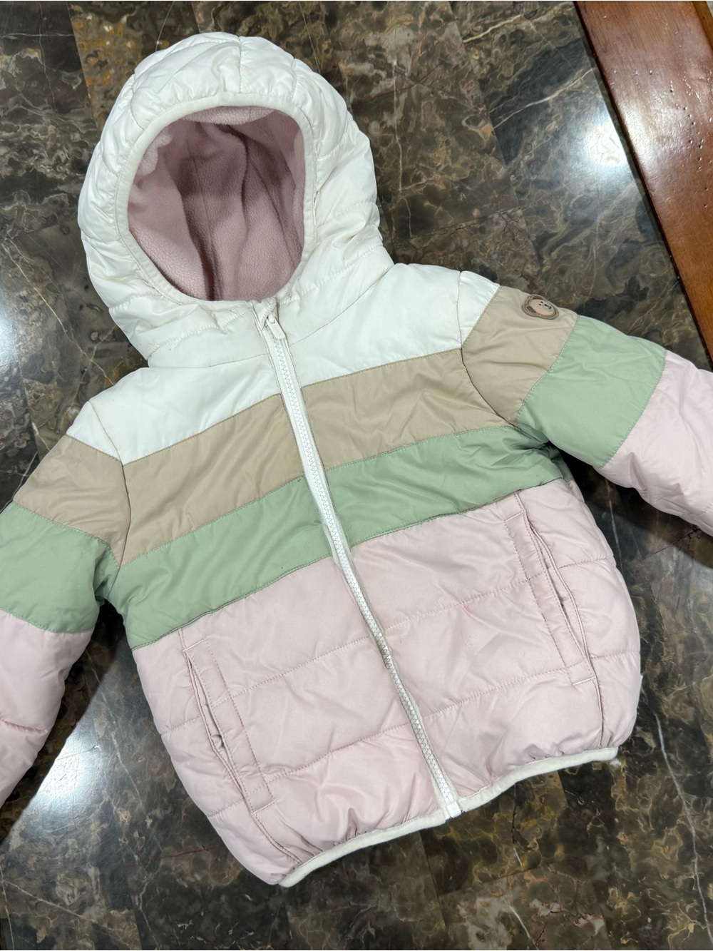 Toddler Colorblock Hooded Puffer Jacket - Pink, Green, Tan, White